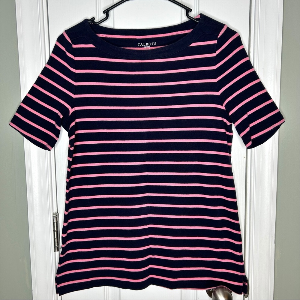 Talbots Petites Navy Blue & Pink Striped Stretch Crewneck Weekend Tee Womens Top